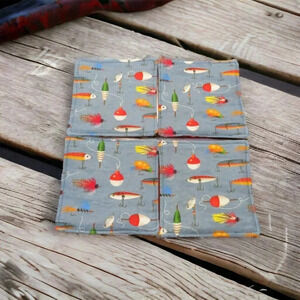 Fabric Coasters, Set Of 4, Reversible Fish Lures and Red Gingham